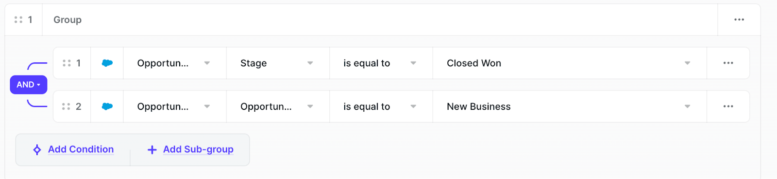 Entry rules for new customer onboarding: Closed Won and New Business opportunities only