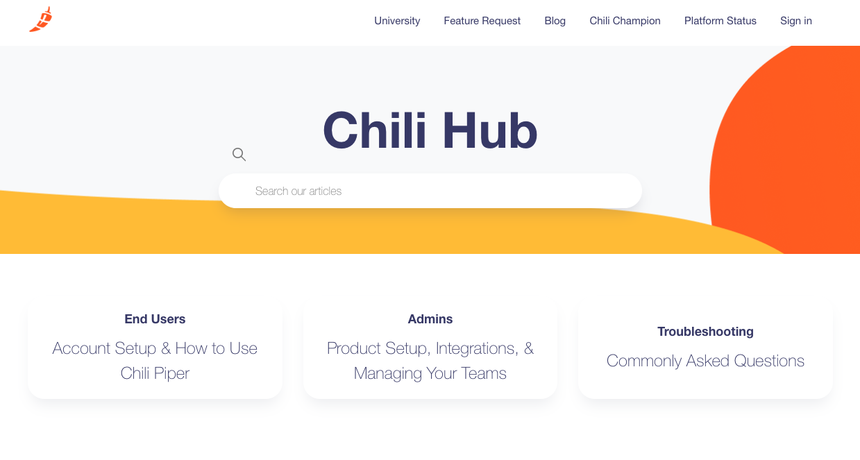 Chili Piper knowledge base interface showing searchable support articles