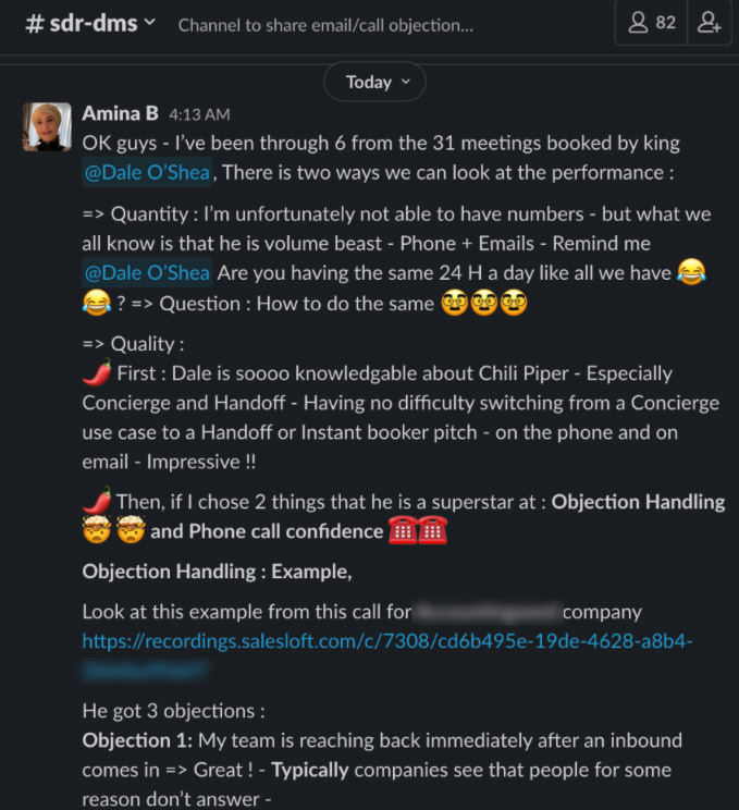 Slack message containing detailed analysis of high performer Dale O'Shea's techniques including objection handling and phone confidence