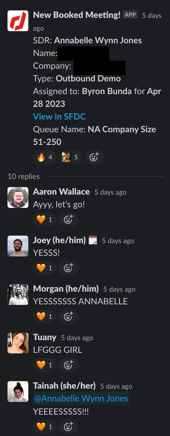 Slack message thread celebrating SDR Annabelle Jones booking a new meeting with team congratulations