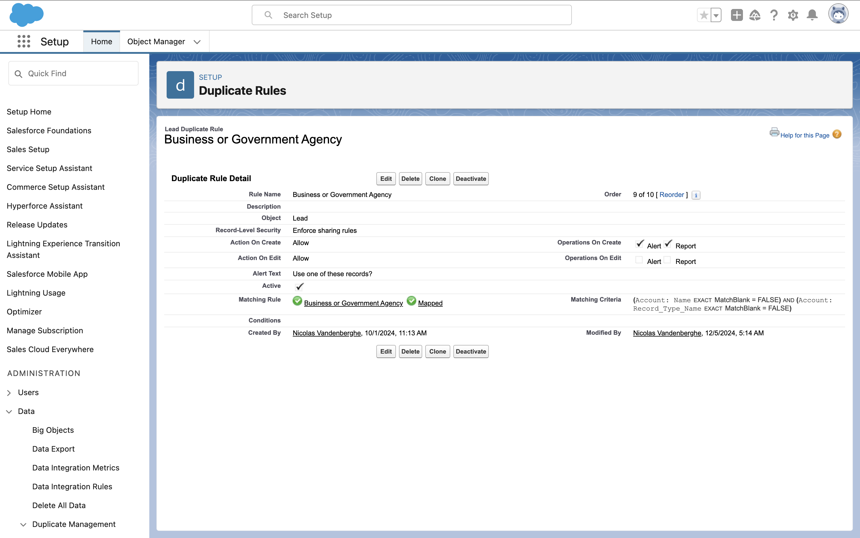 Salesforce Duplicate Rule setup for company name and record type matching
