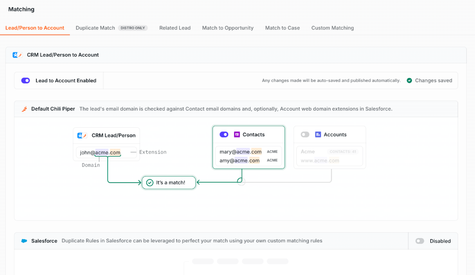 Matching Hub interface showing all matching types