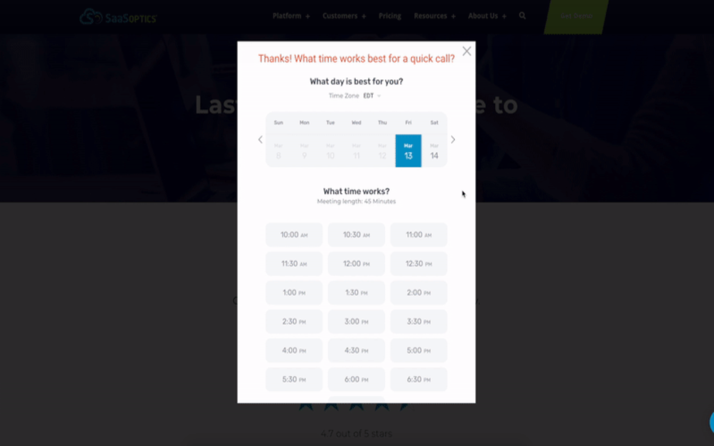 SaaSOptics demo request form with Chili Piper Concierge - step 2