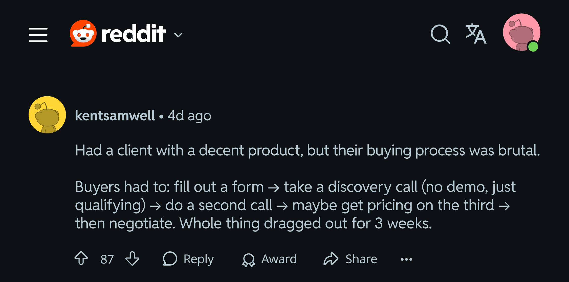 Reddit screenshot 2 - sales rep qualification method continued