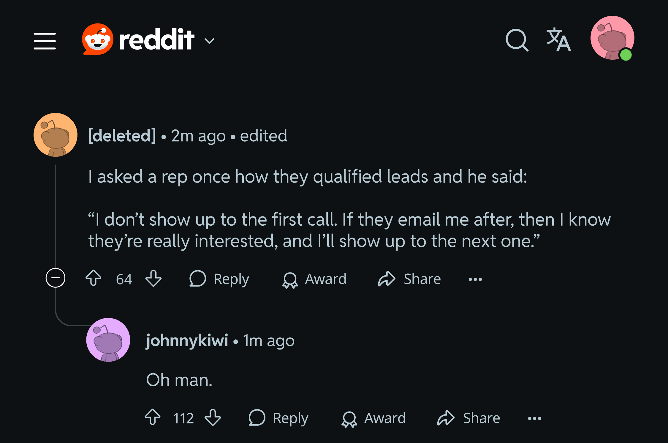 Reddit screenshot 3 - sales rep qualification method response