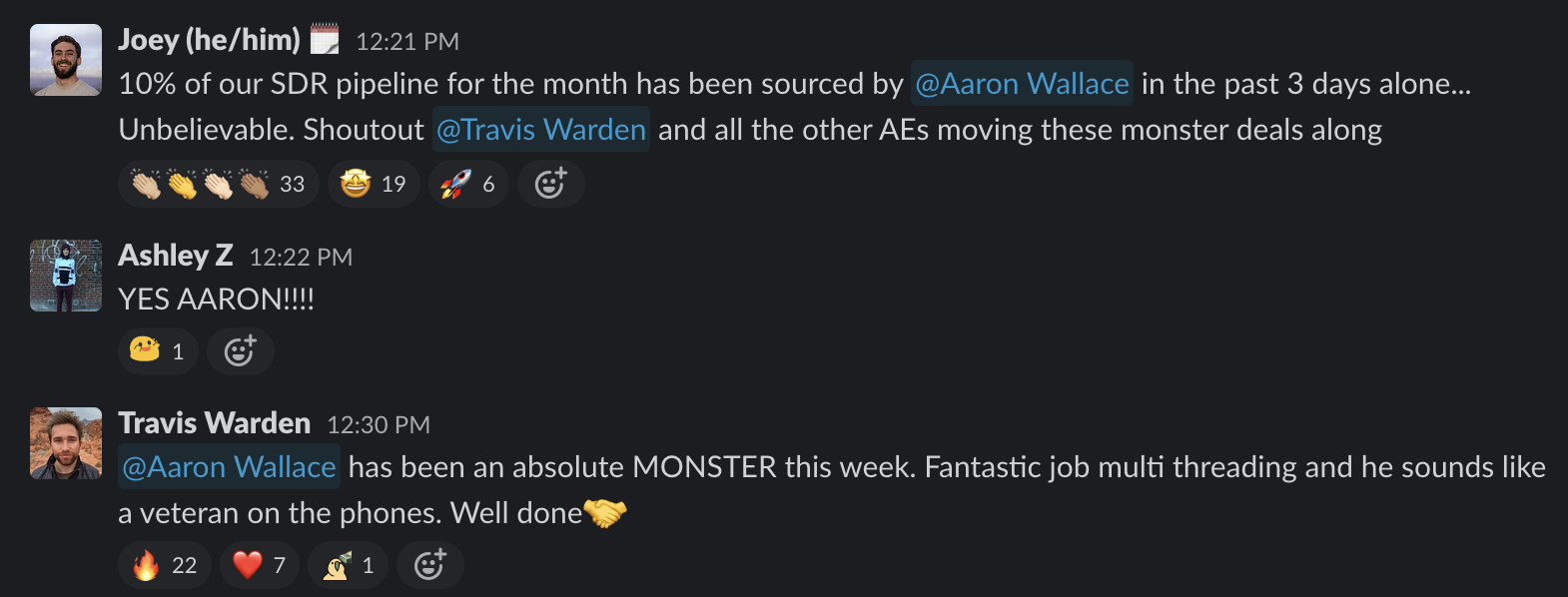 Slack shoutout highlighting Aaron Wallace's contribution to pipeline with team reactions