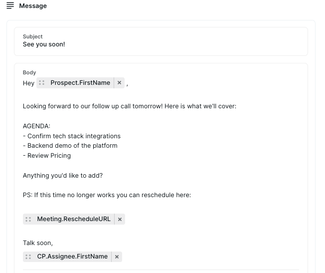 Reminder email example with agenda