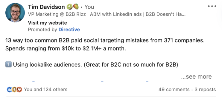 Example of a LinkedIn Thought Leader Ad from Tim Davidson promoted by Directive