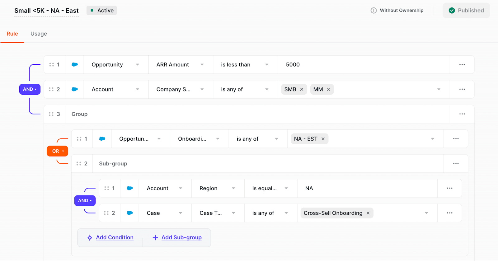 SMB Customer Success team routing rule based on territory and contract value in Distro