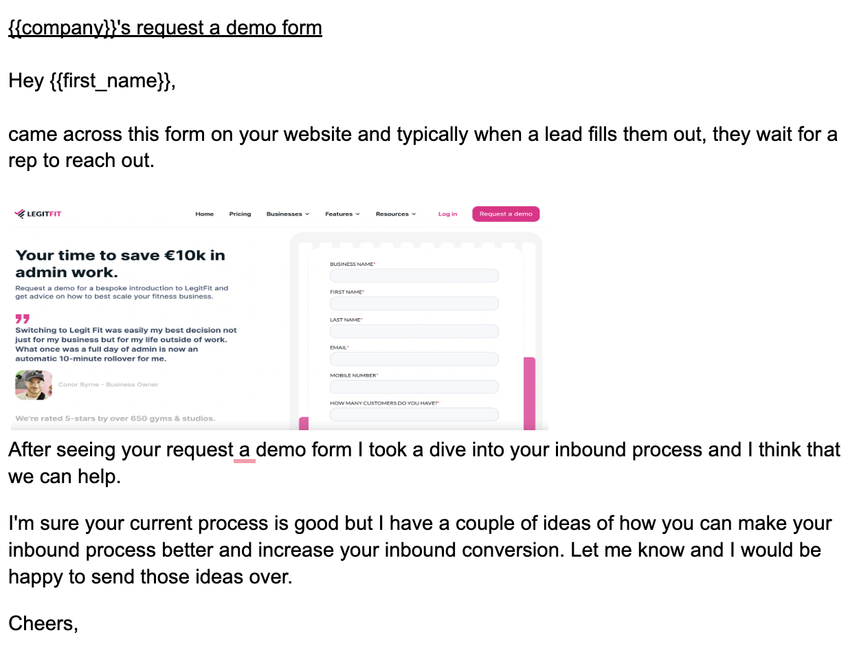 Cold email example that includes a personalized screenshot of a demo request form