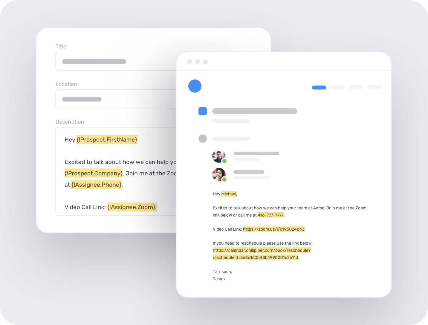 Dynamic meeting invite template editor in Chili Piper