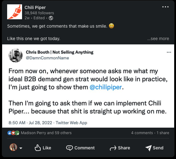 Chili Piper LinkedIn post showing a community comment: "From now on, whenever someone asks me what my ideal B2B demand gen strat would look like in practice, I'm just going to show them chilipiper."