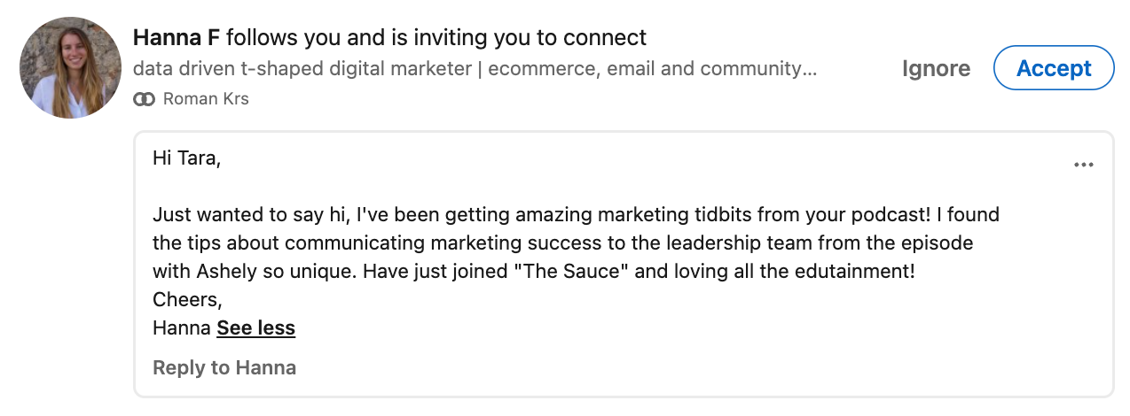 LinkedIn message from podcast listener