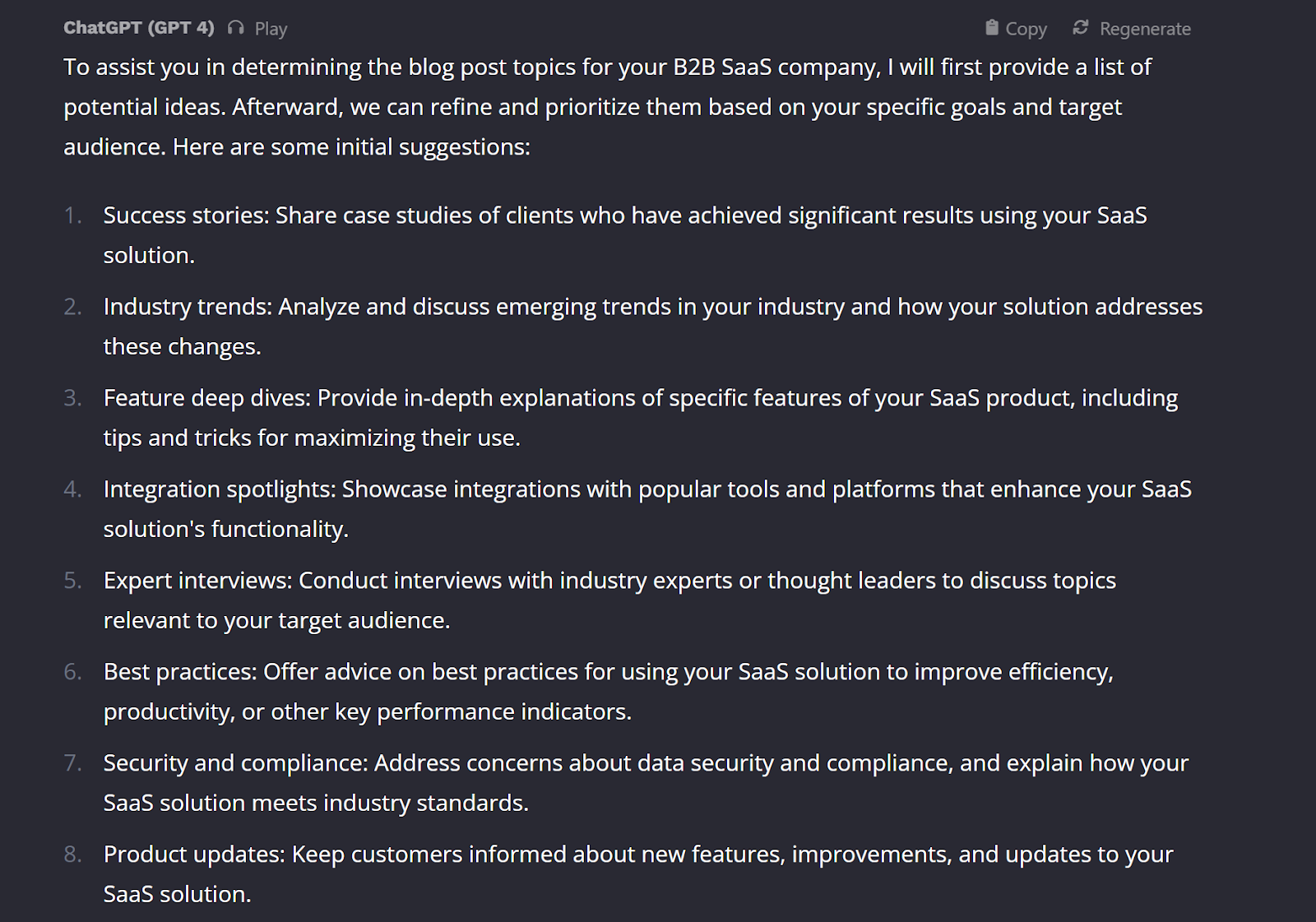 ChatGPT Brainstormer - list of ten initial blog topic ideas