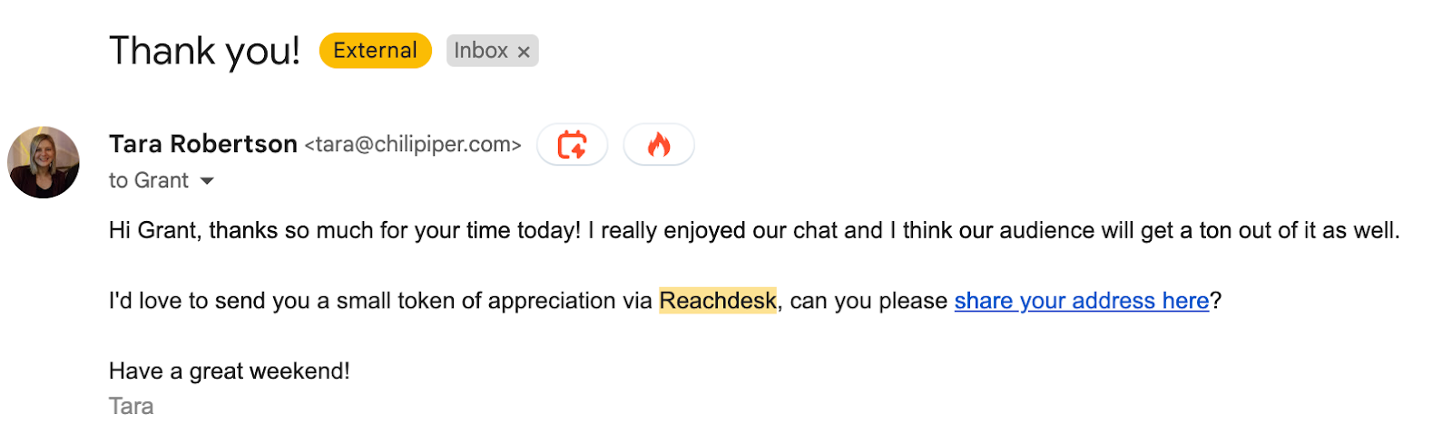 Reachdesk thank-you gift example