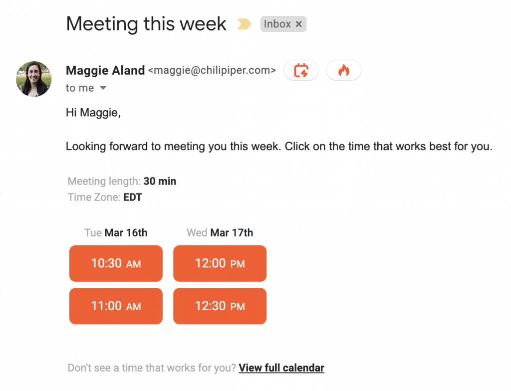 Example email showing clear suggested meeting times