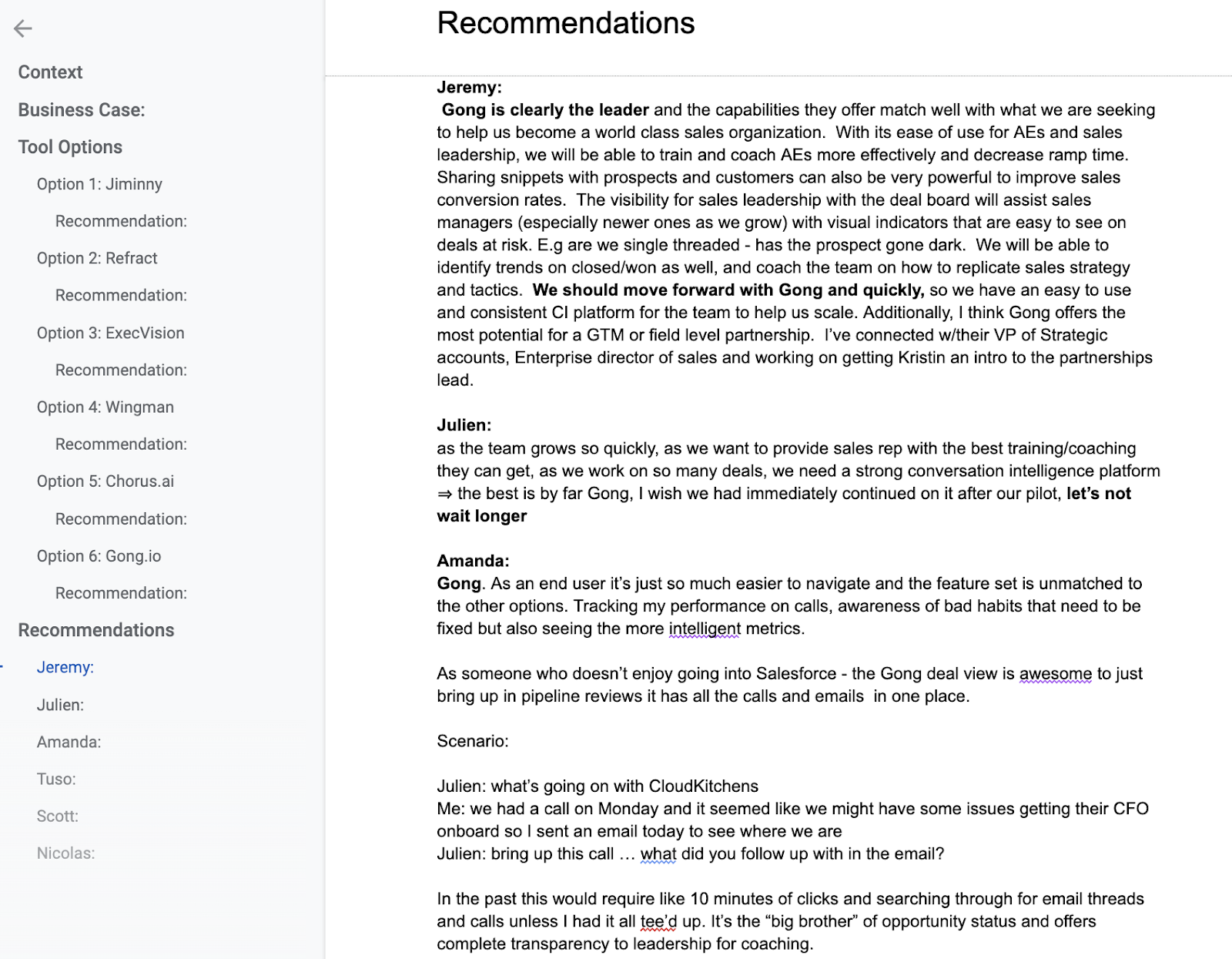 Recommendations section with team feedback
