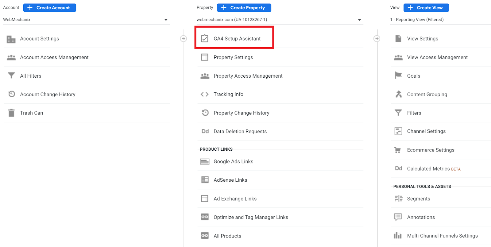 The first step to installing GA4 on your website is clicking into GA4 Setup Assistant, underneath the Property menu in your Admin console