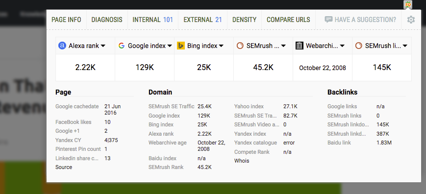SEOQuake dashboard showing traffic metrics