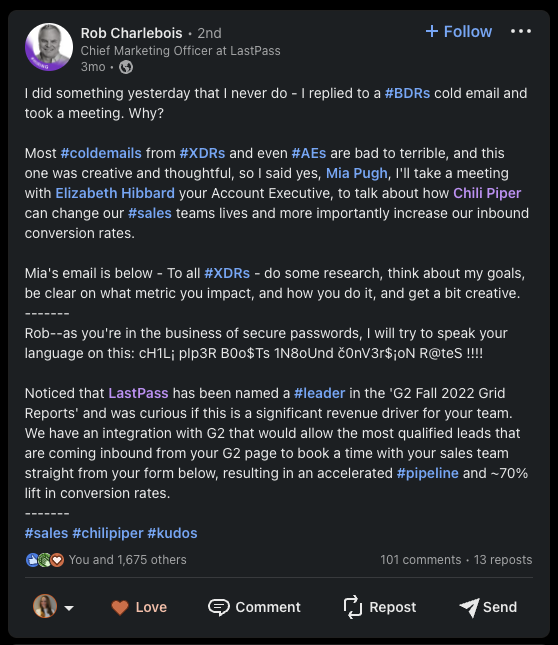 Cold email example paying attention to the first line — Mia's email to LastPass CMO