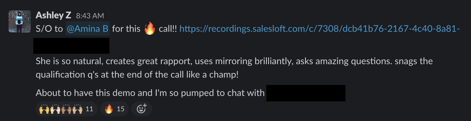 Slack message praising SDR Amina B's call quality and sales skills